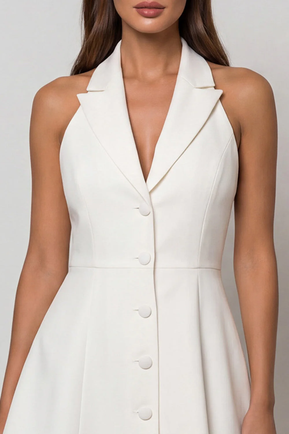 Halter White A Line Single Breasted Short Work Dress - Image 3