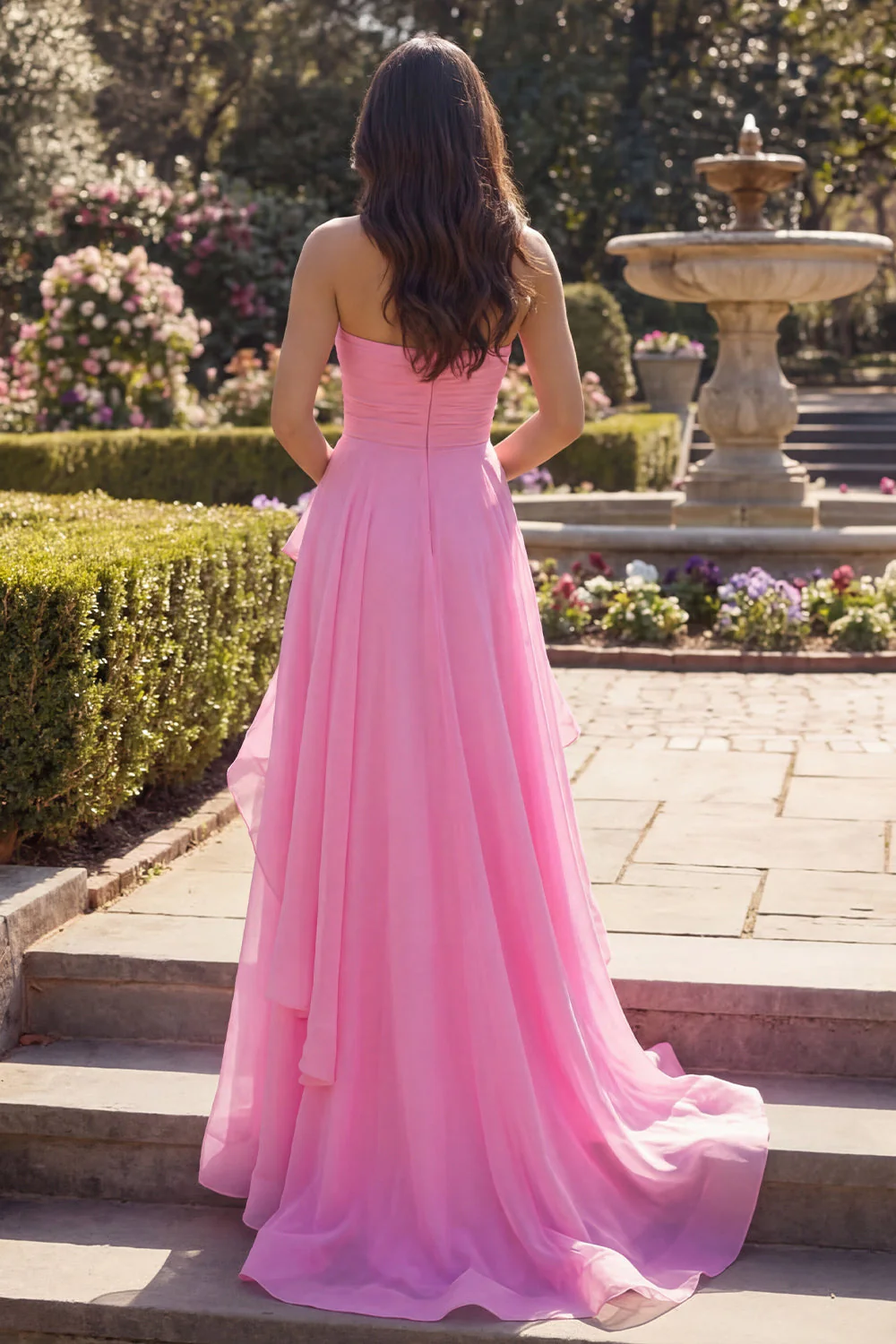 Hot Pink Strapless Tulle A Line Long Prom Dress with Ruffles - Image 2