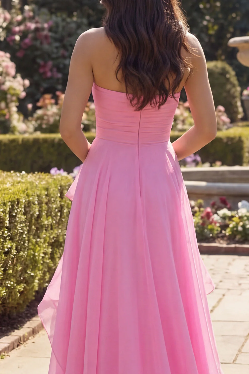 Hot Pink Strapless Tulle A Line Long Prom Dress with Ruffles - Image 4
