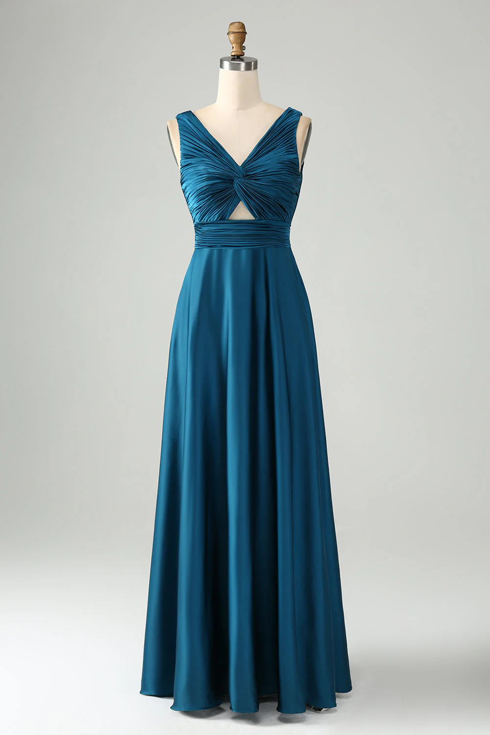 Ink Blue A Line V Neck Keyhole Pleated Long Bridesmaid Dress - Image 3