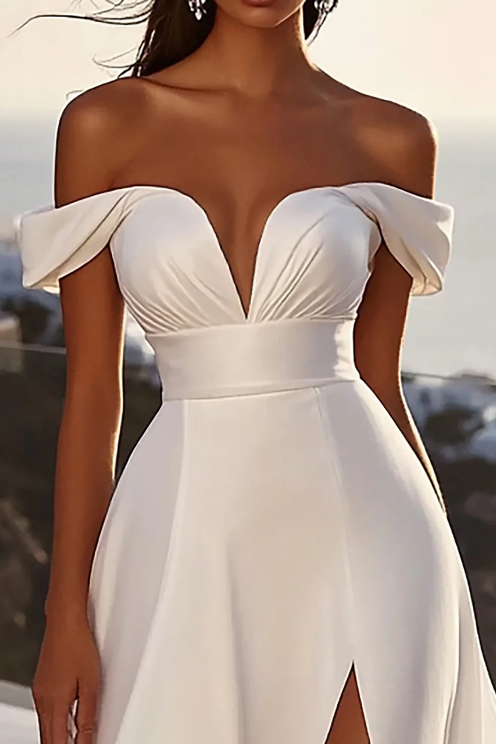 Ivory A Line Off The Shoulder Long Wedding Dress with Slit - Image 2