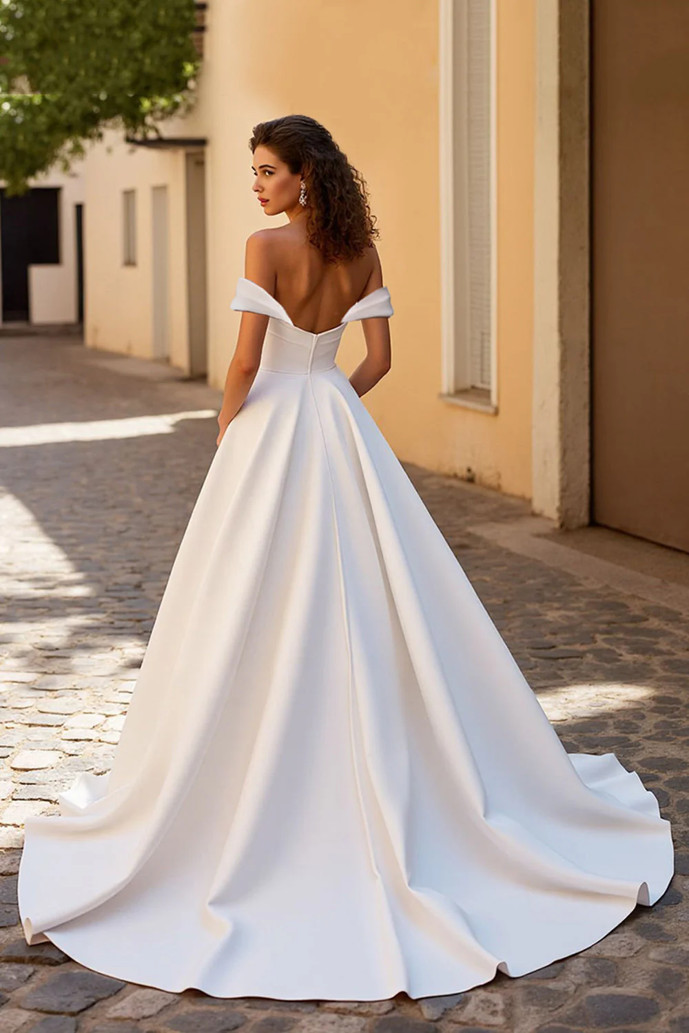 Ivory A Line Off The Shoulder Satin Wedding Dress - Image 2