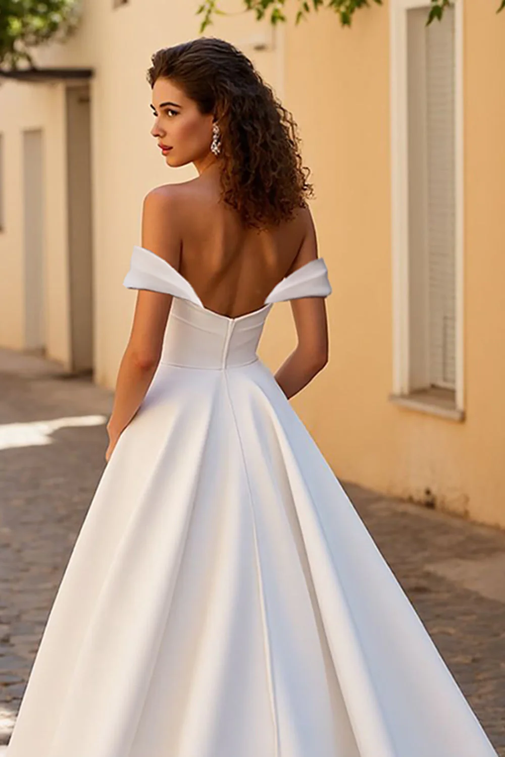 Ivory A Line Off The Shoulder Satin Wedding Dress - Image 4