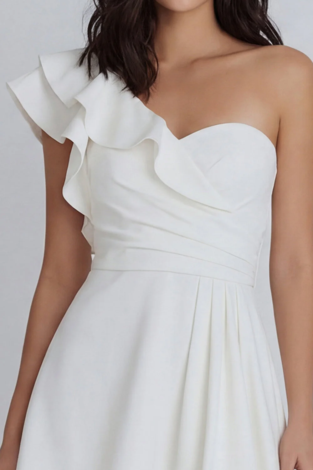 Ivory A-Line One Shoulder Ruched Bridal Shower Dress with Ruffles - Image 3