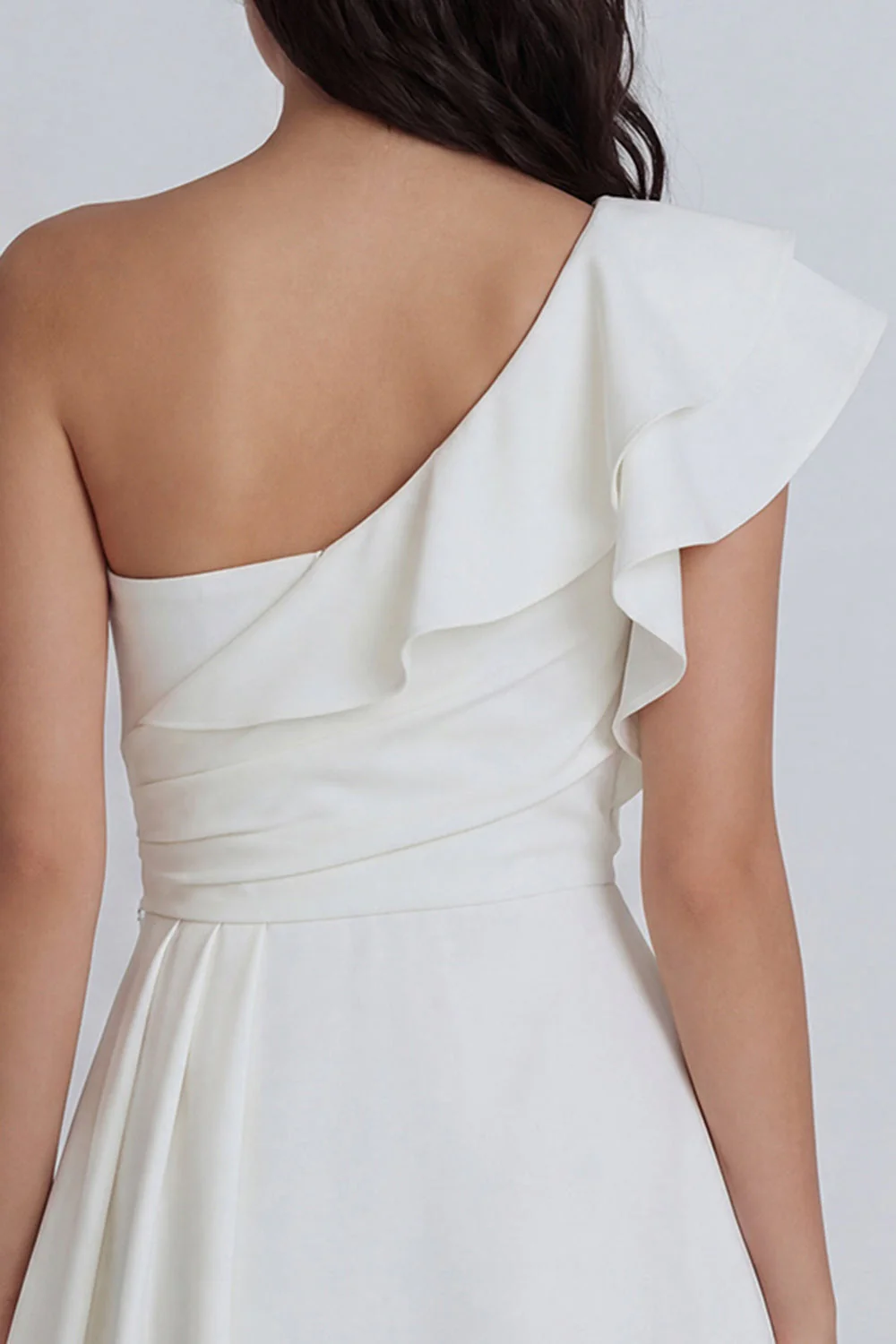 Ivory A-Line One Shoulder Ruched Bridal Shower Dress with Ruffles - Image 4