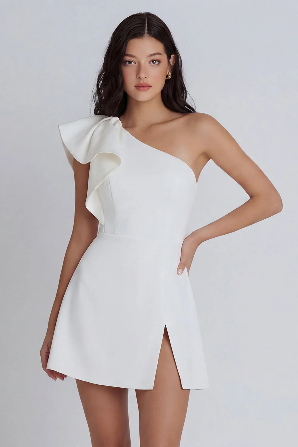 Ivory A-Line One Shoulder Ruffled Graduation Dress with Slit