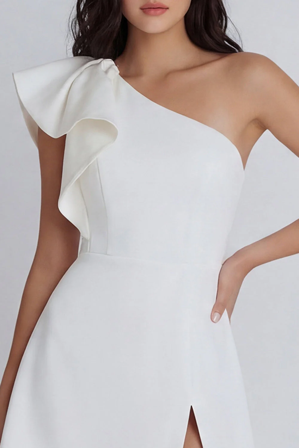 Ivory A-Line One Shoulder Ruffled Graduation Dress with Slit - Image 3
