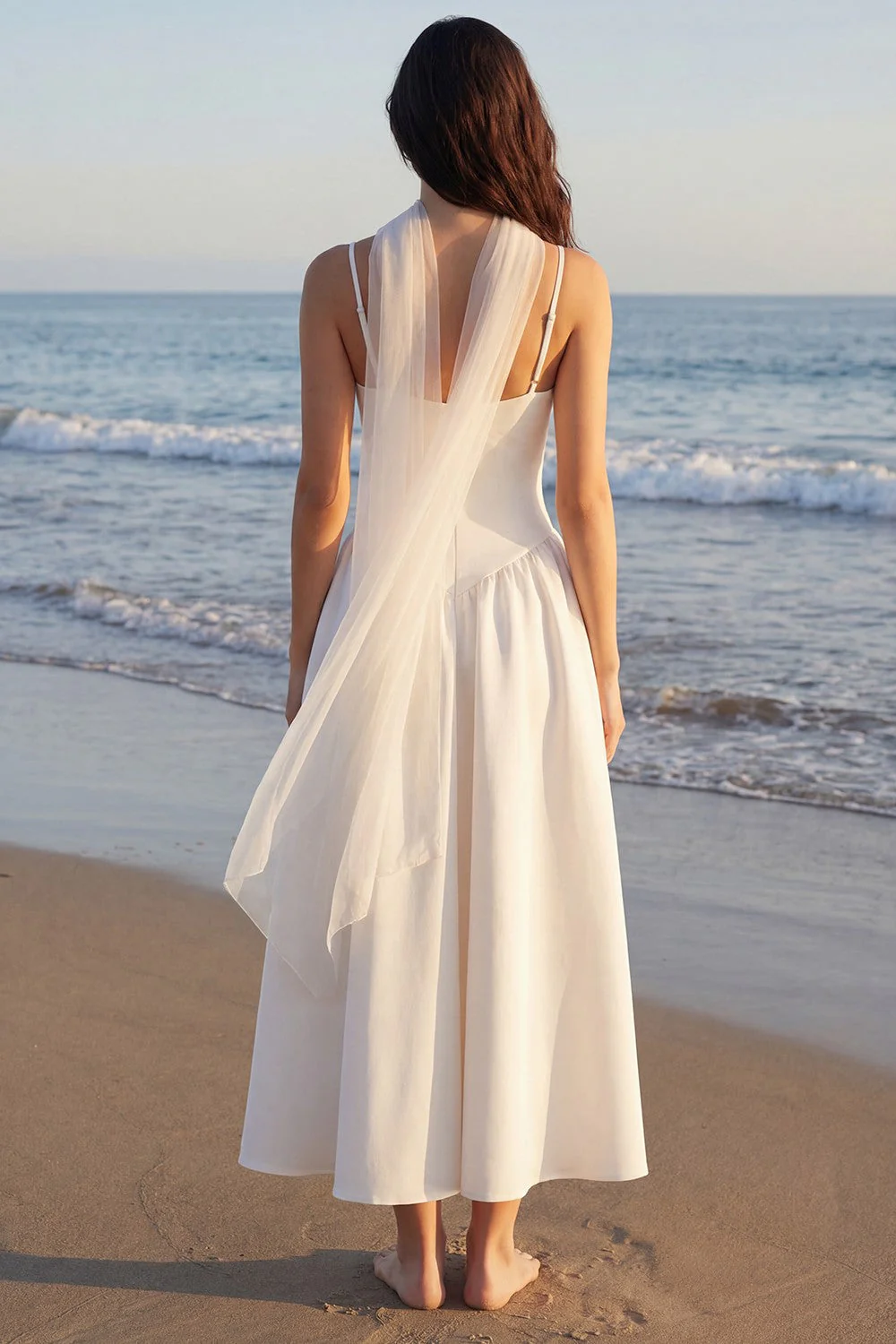 Ivory A-Line Spaghetti Straps Midi Bridal Shower Dress with Neck Scarf - Image 2