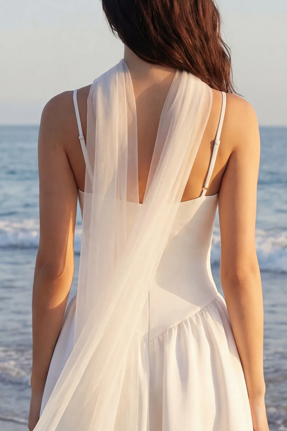 Ivory A-Line Spaghetti Straps Midi Bridal Shower Dress with Neck Scarf - Image 4