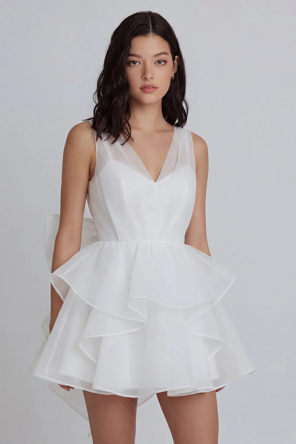 Ivory A-Line Tulle V-Neck Ruffled Bridal Shower Dress with Bow
