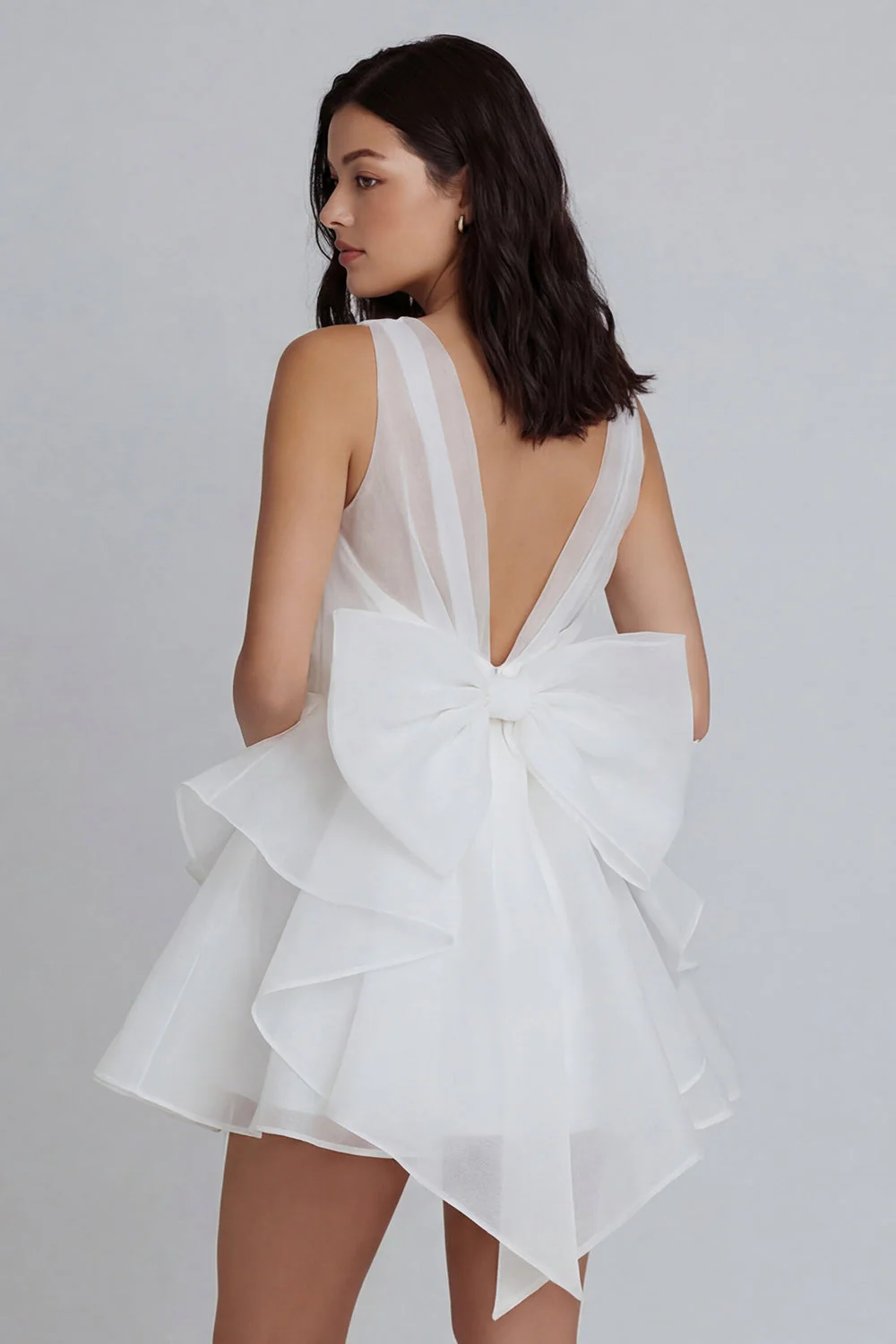 Ivory A-Line Tulle V-Neck Ruffled Bridal Shower Dress with Bow - Image 2