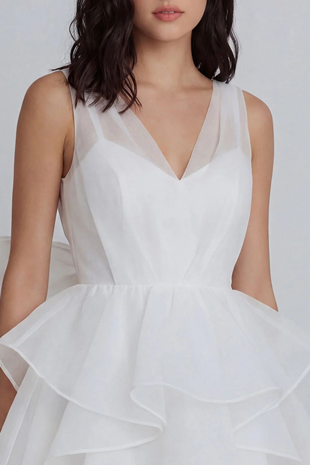 Ivory A-Line Tulle V-Neck Ruffled Bridal Shower Dress with Bow - Image 3