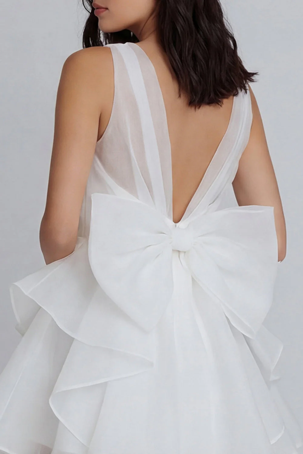 Ivory A-Line Tulle V-Neck Ruffled Bridal Shower Dress with Bow - Image 4