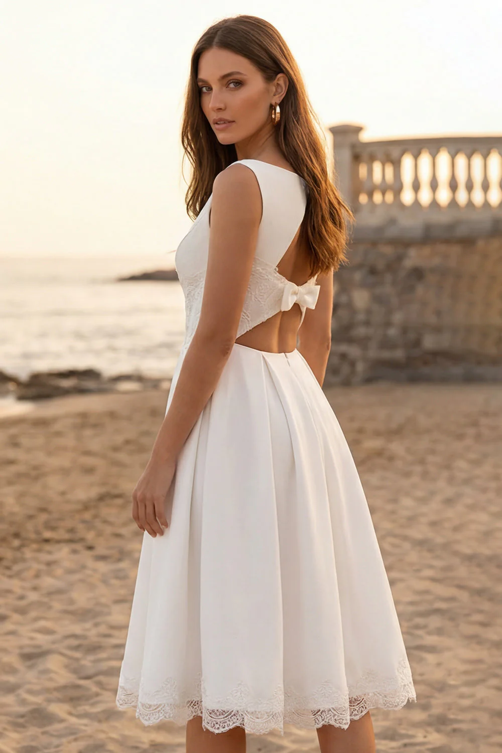 Ivory Bateau Neck A-Line Midi Engagement Dress with Appliques - Image 2