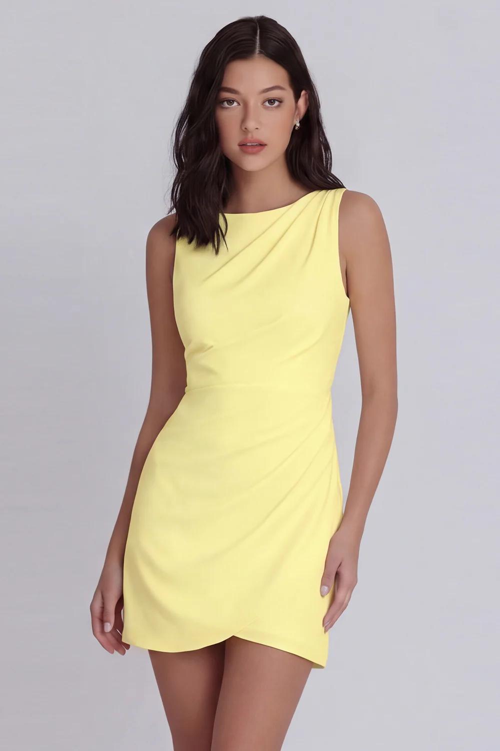 Ivory Bodycon Round Neck Ruched Graduation Dress - Image 12