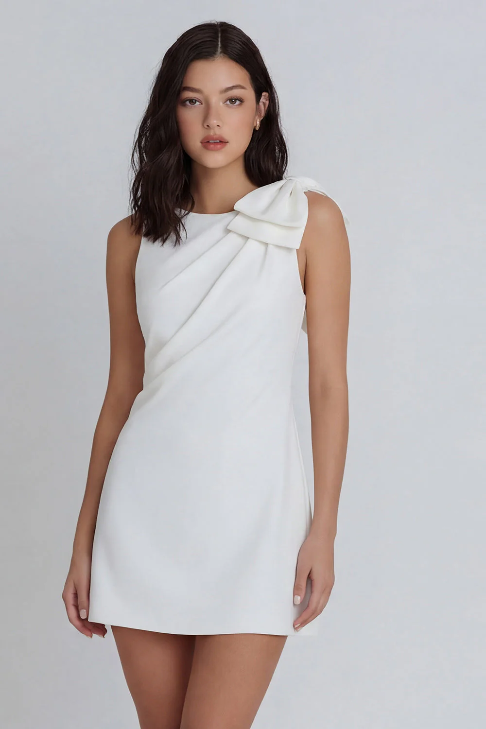 Ivory Bodycon Round Neck Ruched Bridal Shower Dress with Bow