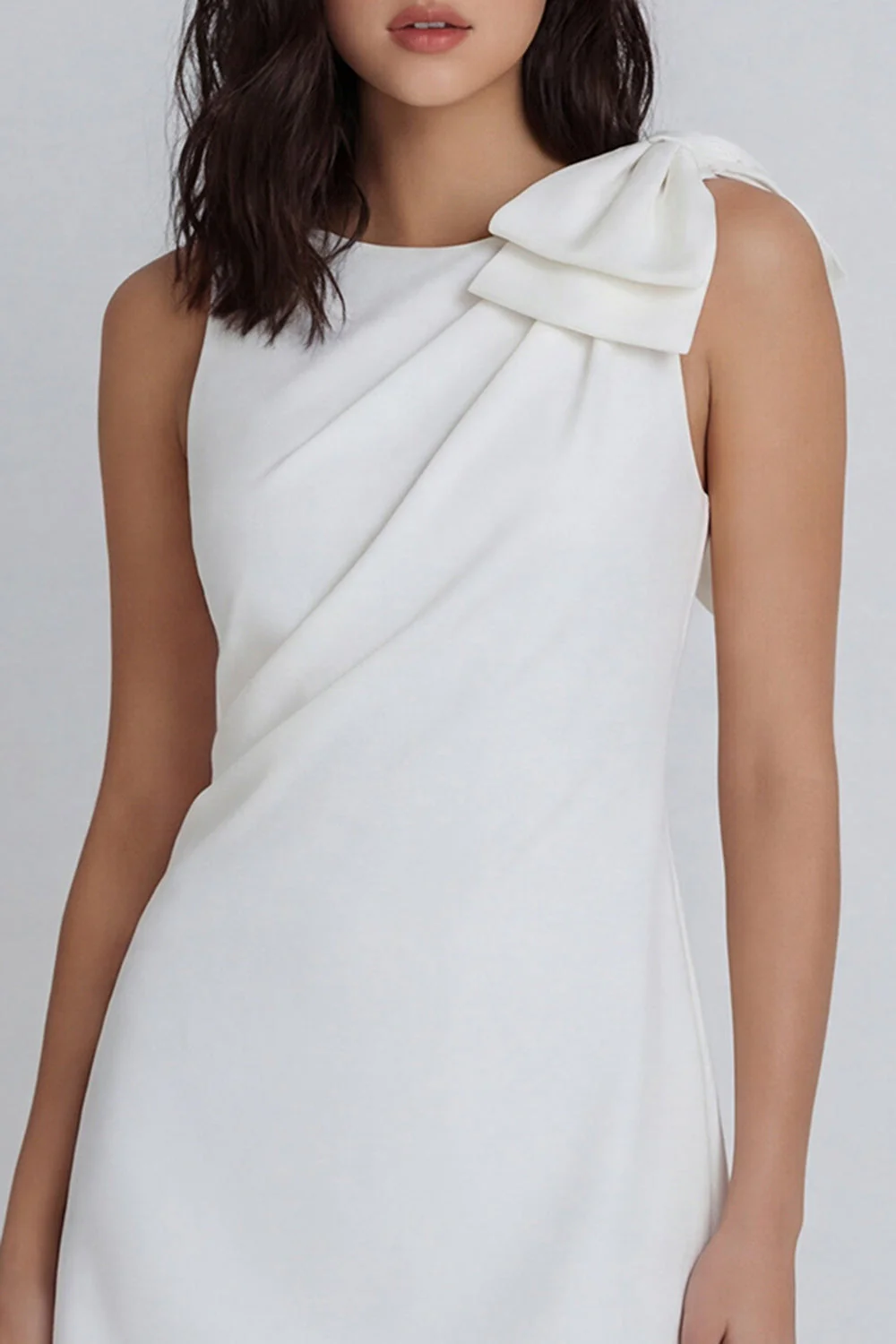 Ivory Bodycon Round Neck Ruched Bridal Shower Dress with Bow - Image 3