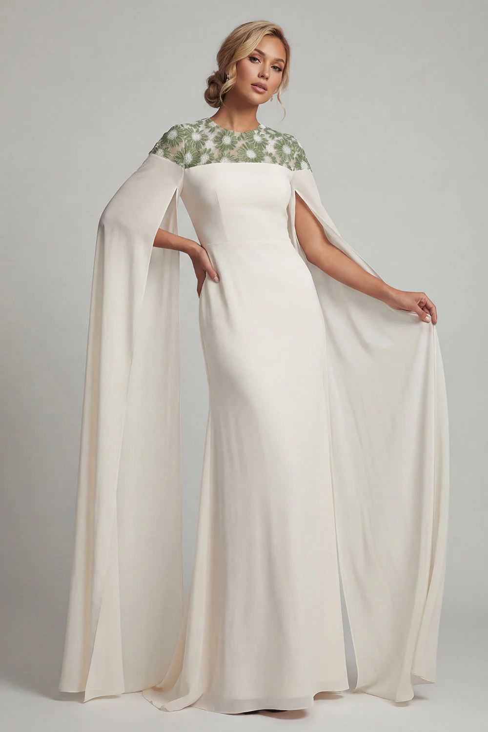 Ivory Sheath Chiffon Cape Sleeves Mother Of the Bride Dress - Image 3