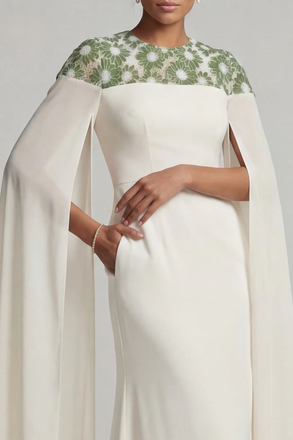 Ivory Sheath Chiffon Cape Sleeves Mother Of the Bride Dress - Image 4
