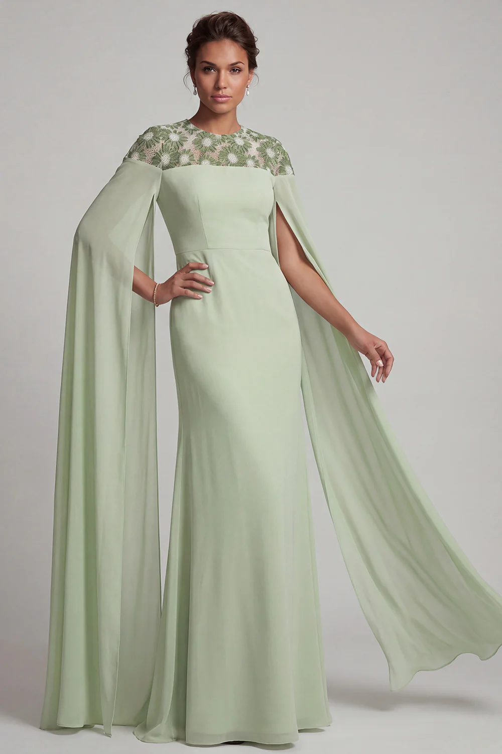 Ivory Sheath Chiffon Cape Sleeves Mother Of the Bride Dress - Image 6