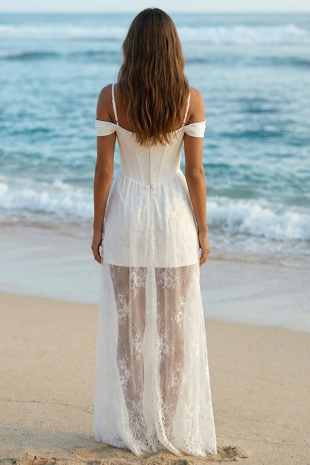 Ivory Cold Shoulder Corset Long Sheath Wedding Reception Dress with Lace - Image 2