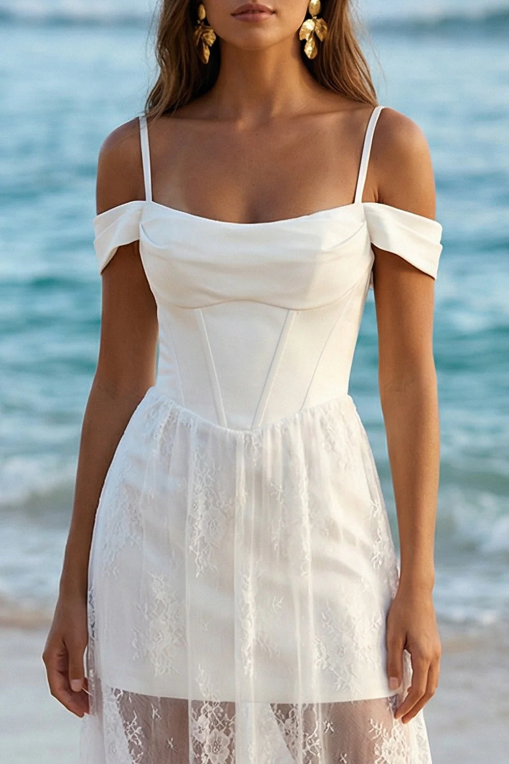 Ivory Cold Shoulder Corset Long Sheath Wedding Reception Dress with Lace - Image 3