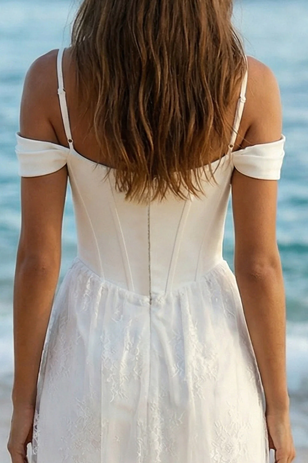Ivory Cold Shoulder Corset Long Sheath Wedding Reception Dress with Lace - Image 4