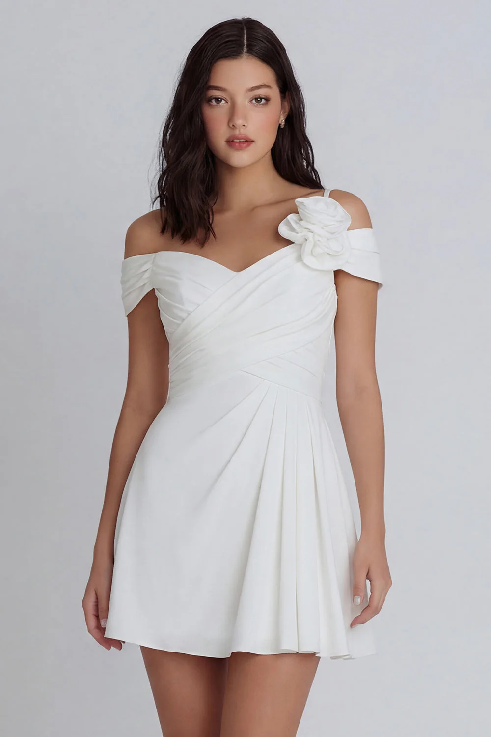 Ivory Cold Shoulder Ruched A-Line Graduation Dress with 3D Flower