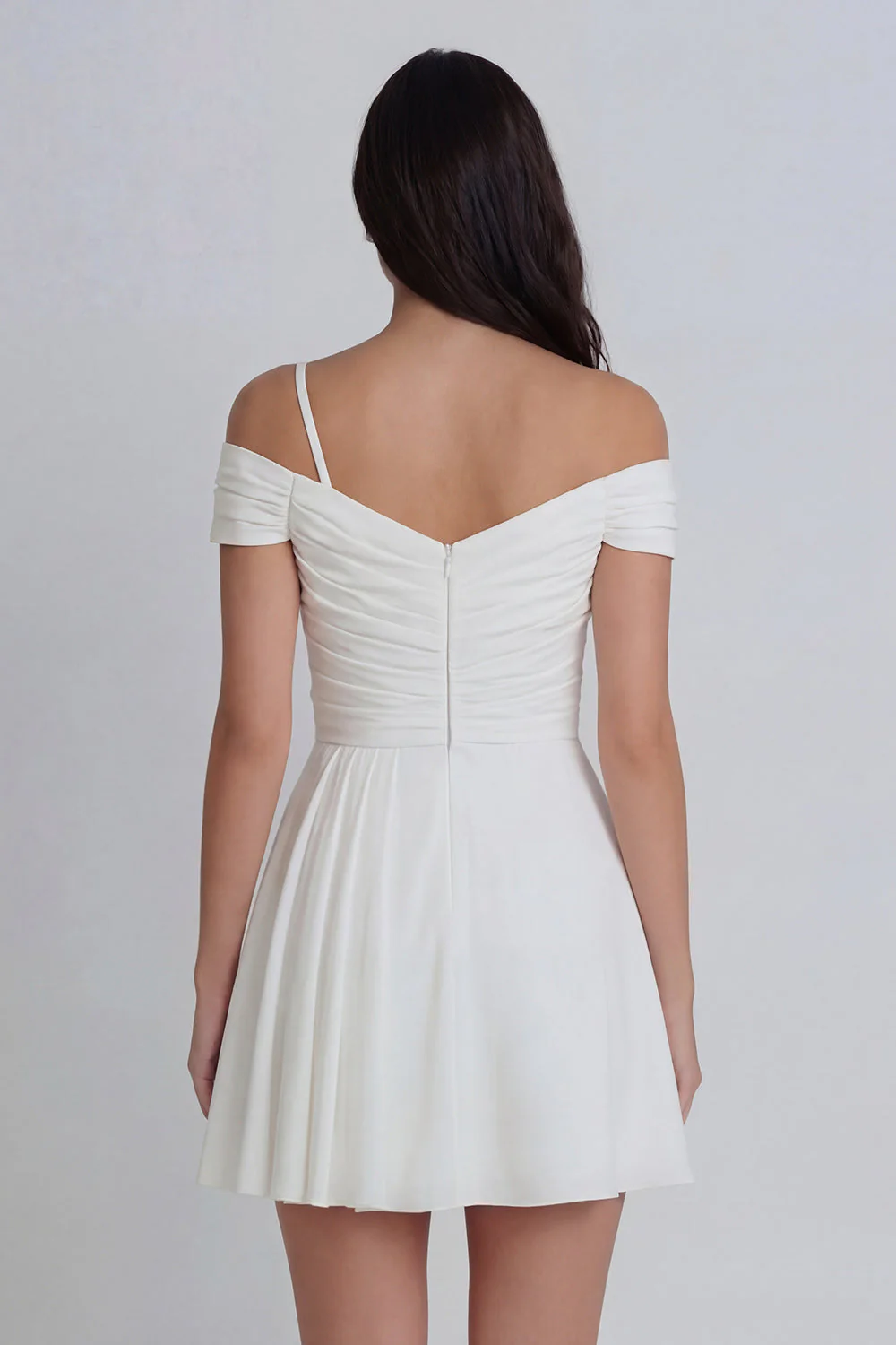 Ivory Cold Shoulder Ruched A-Line Graduation Dress with 3D Flower - Image 2