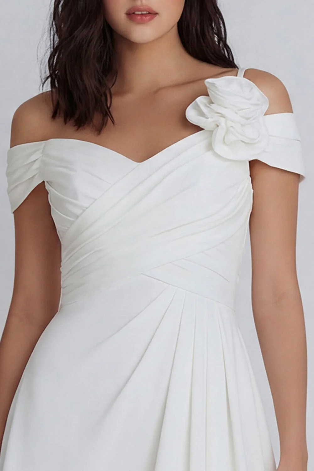 Ivory Cold Shoulder Ruched A-Line Graduation Dress with 3D Flower - Image 3