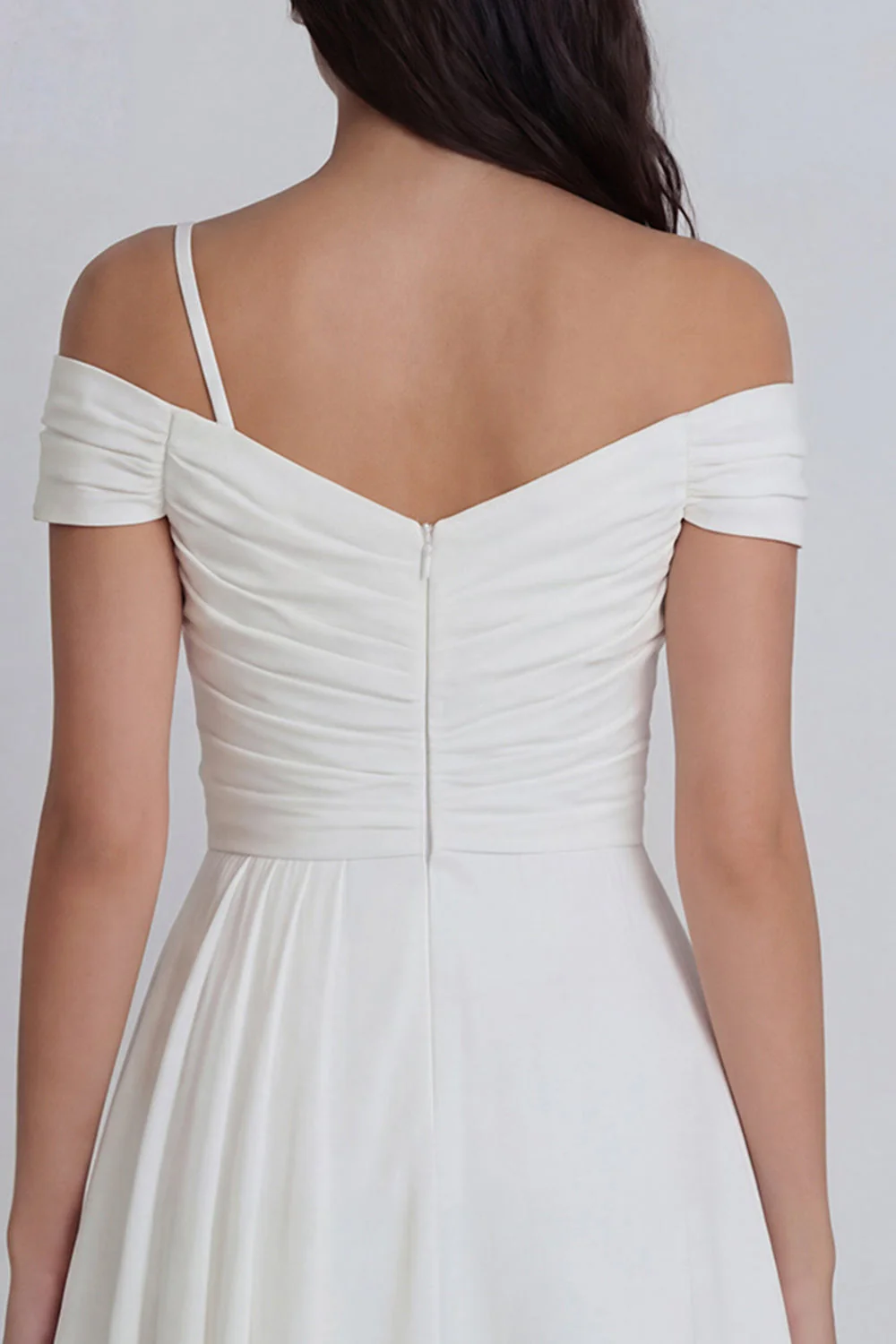 Ivory Cold Shoulder Ruched A-Line Graduation Dress with 3D Flower - Image 4