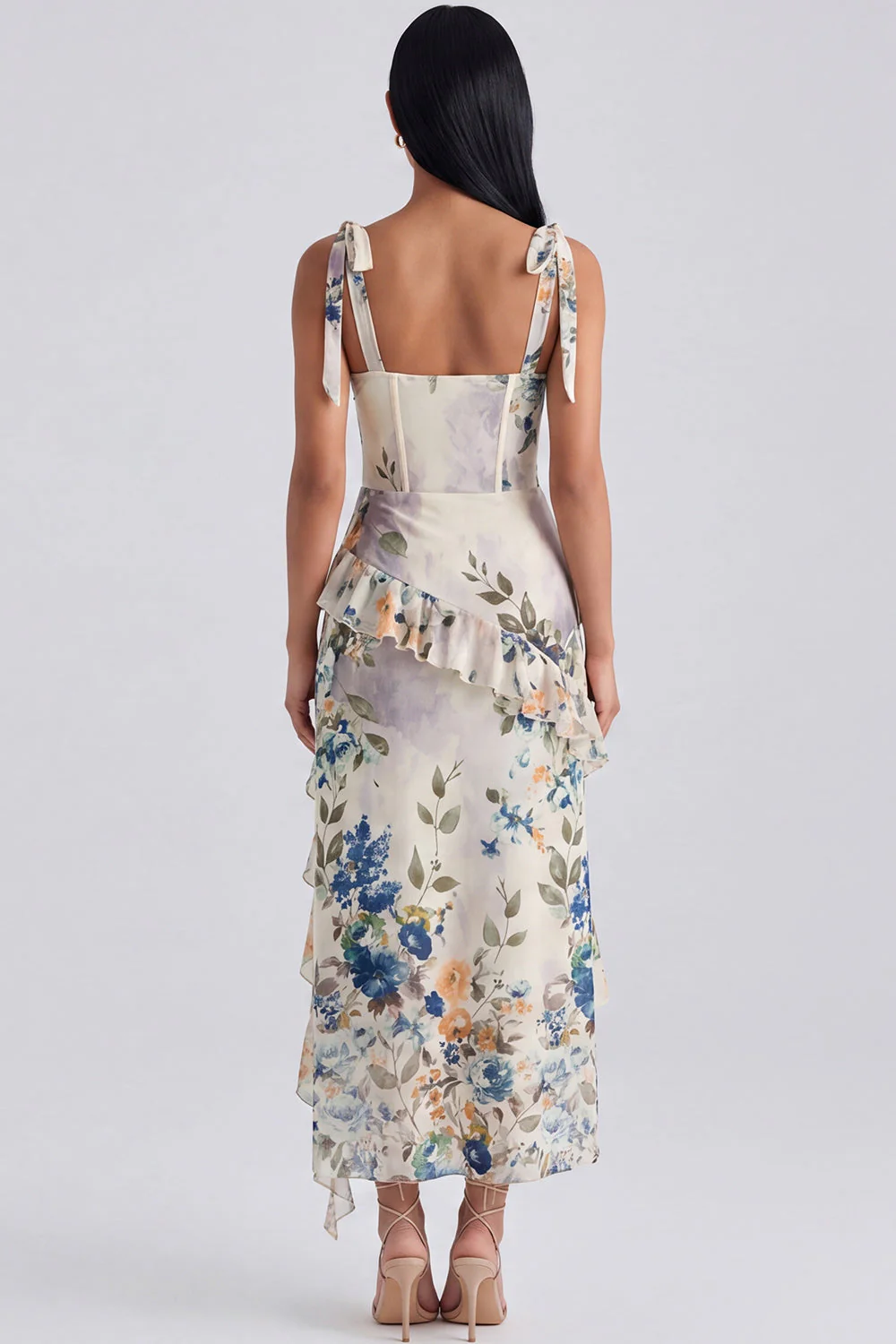 Ivory Corset Sheath Printed Midi Floral Dress with Slit - Image 2