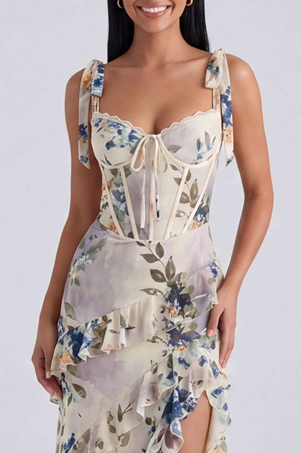 Ivory Corset Sheath Printed Midi Floral Dress with Slit - Image 3