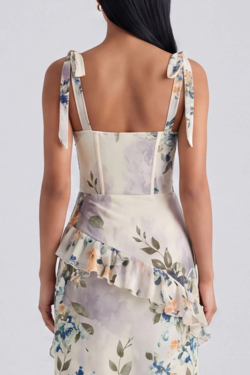 Ivory Corset Sheath Printed Midi Floral Dress with Slit - Image 4