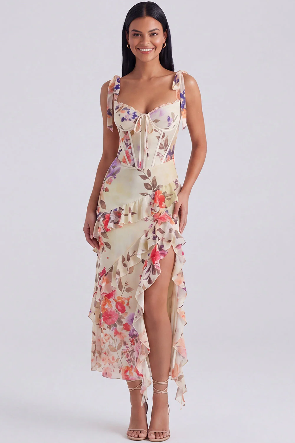 Ivory Corset Sheath Printed Midi Floral Dress with Slit - Image 5