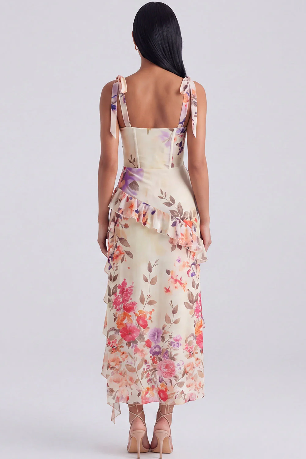 Ivory Corset Sheath Printed Midi Floral Dress with Slit - Image 6