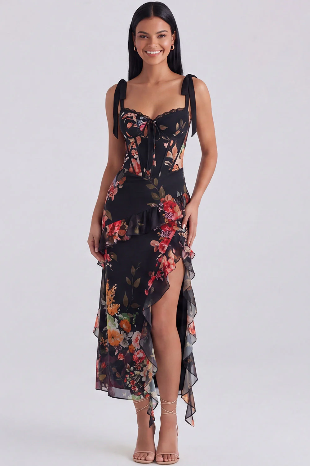 Ivory Corset Sheath Printed Midi Floral Dress with Slit - Image 7