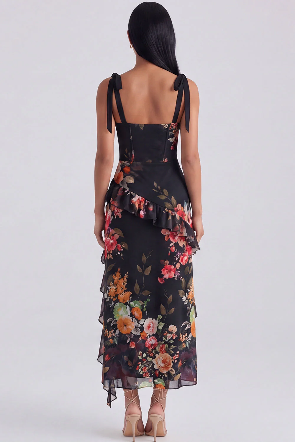 Ivory Corset Sheath Printed Midi Floral Dress with Slit - Image 8