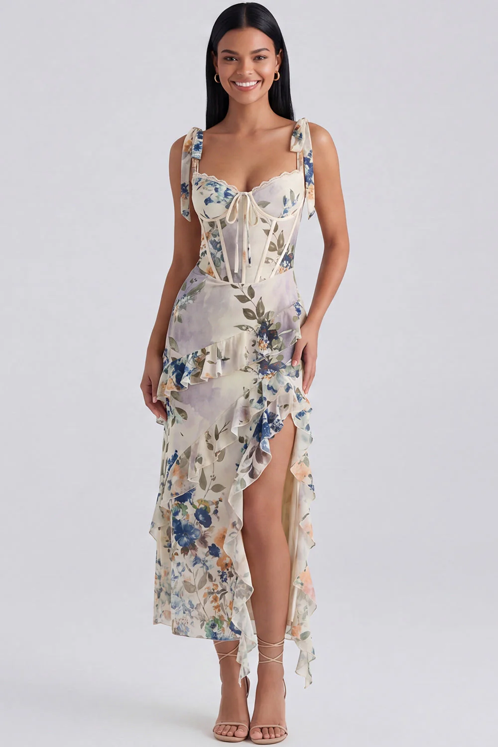 Ivory Corset Sheath Printed Midi Floral Dress with Slit - Image 9