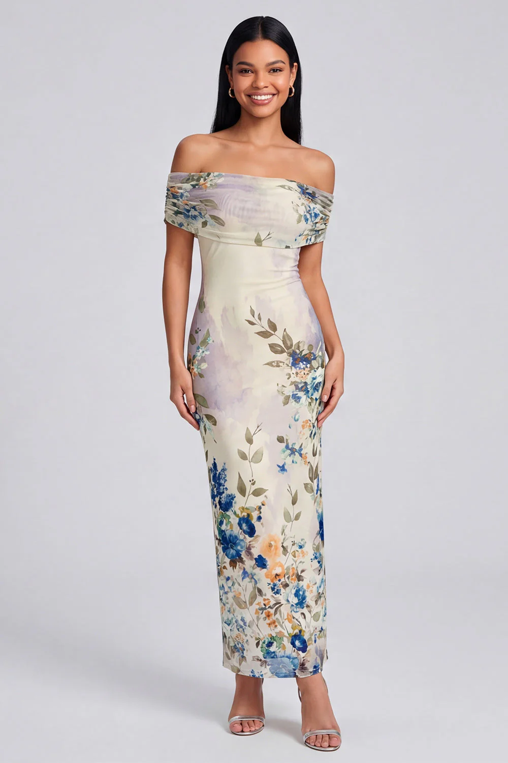 Ivory Sheath Off the Shoulder Maxi Printed Floral Dress