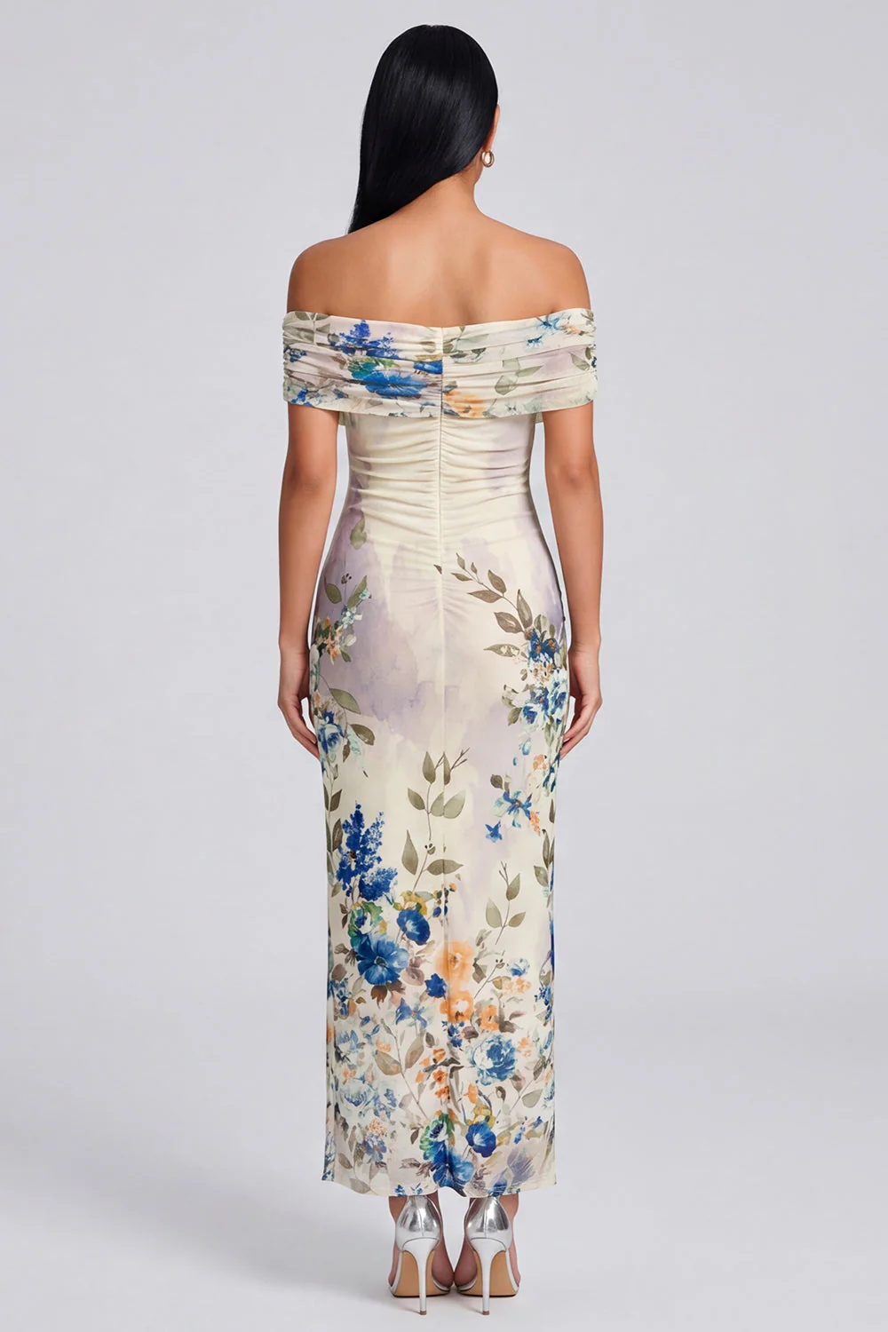 Ivory Sheath Off the Shoulder Maxi Printed Floral Dress - Image 2