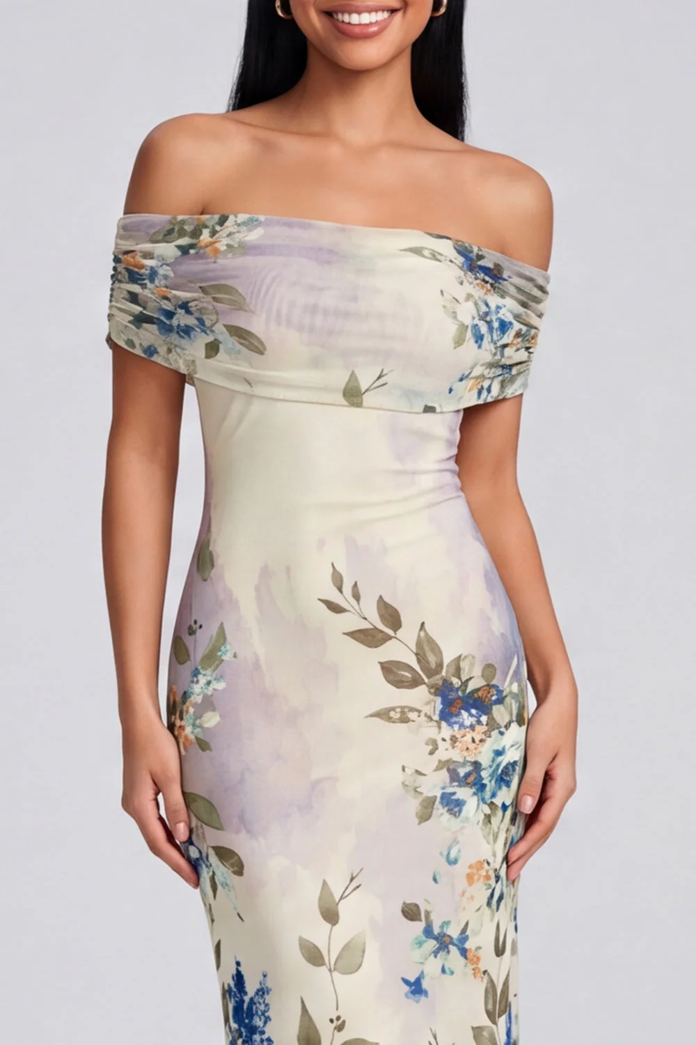 Ivory Sheath Off the Shoulder Maxi Printed Floral Dress - Image 4