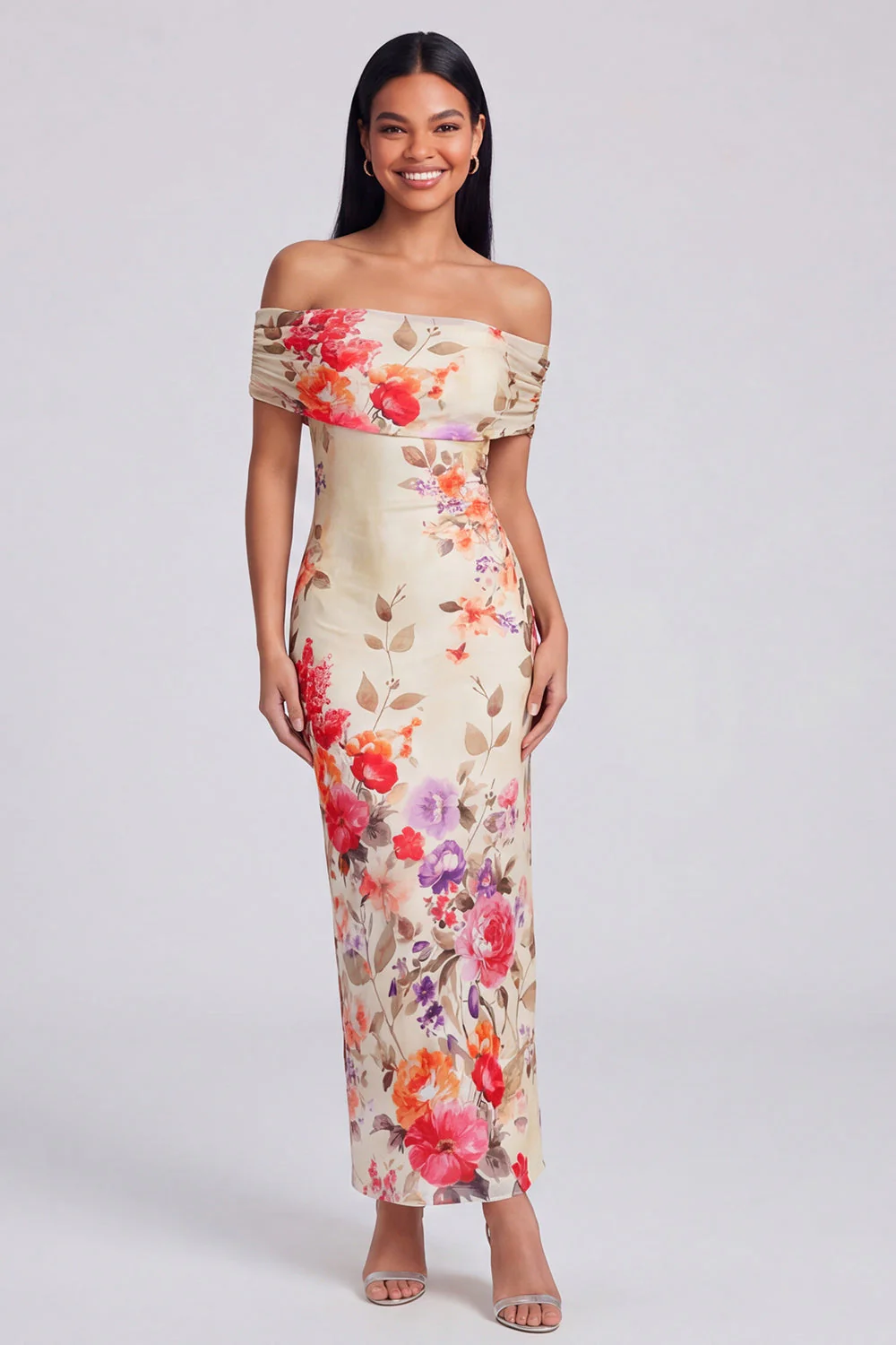 Ivory Sheath Off the Shoulder Maxi Printed Floral Dress - Image 6