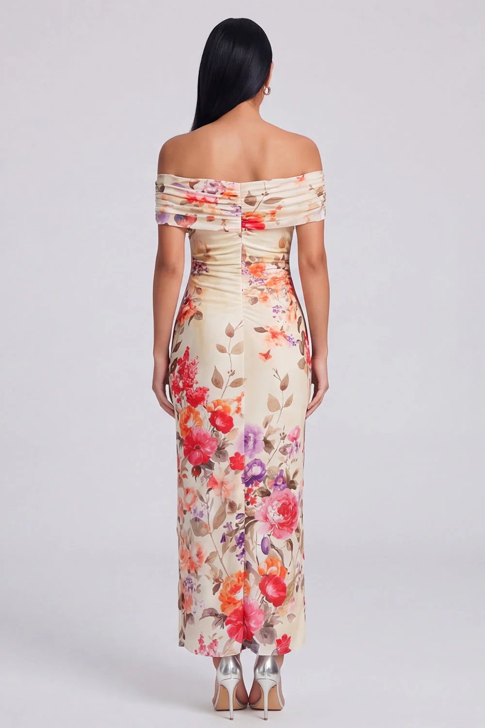 Ivory Sheath Off the Shoulder Maxi Printed Floral Dress - Image 7