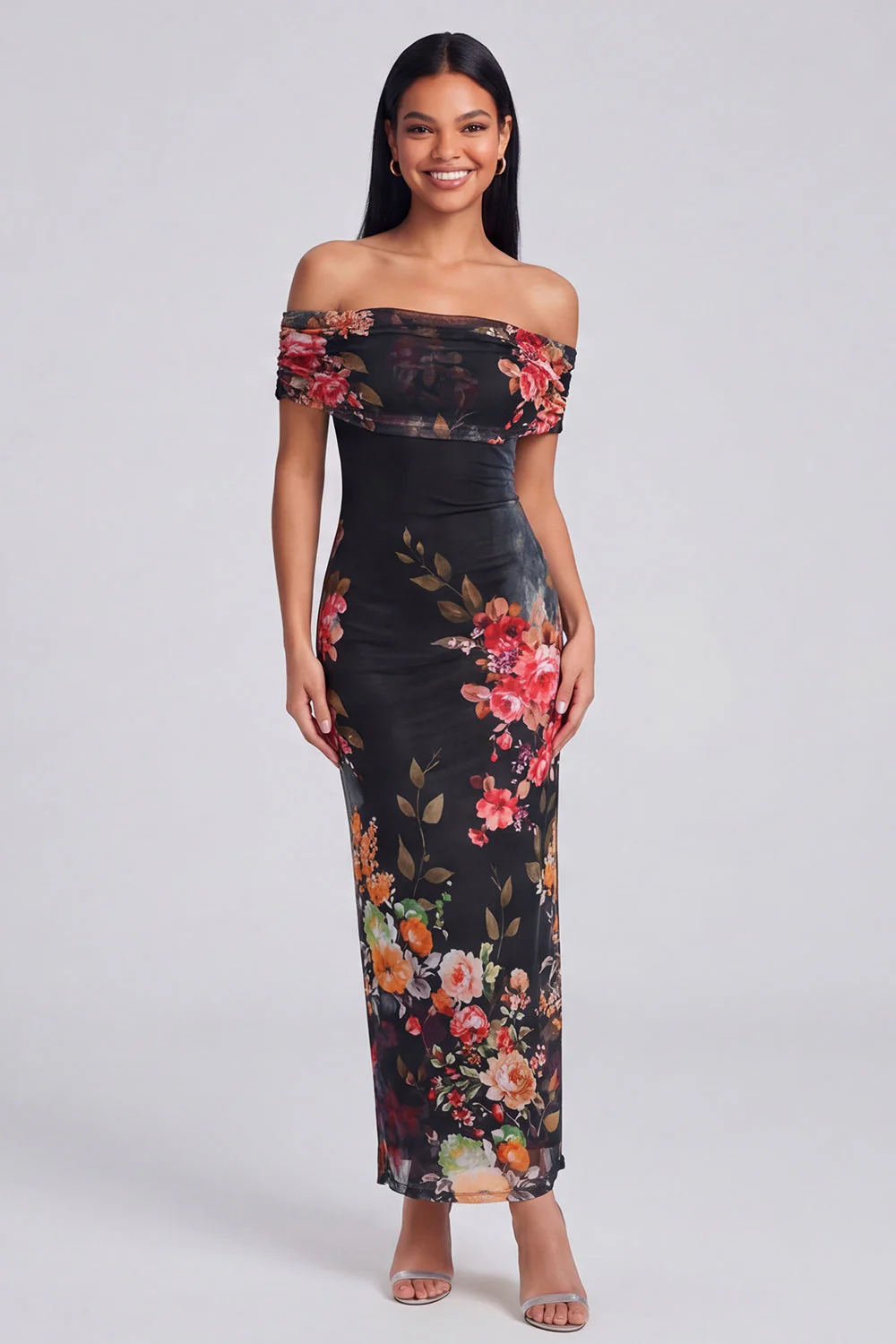 Ivory Sheath Off the Shoulder Maxi Printed Floral Dress - Image 8