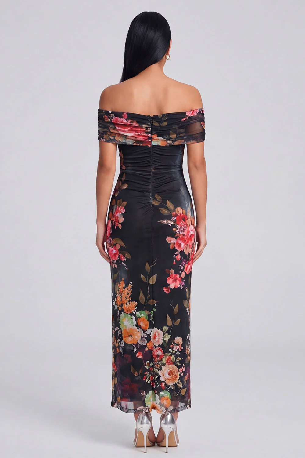 Ivory Sheath Off the Shoulder Maxi Printed Floral Dress - Image 9