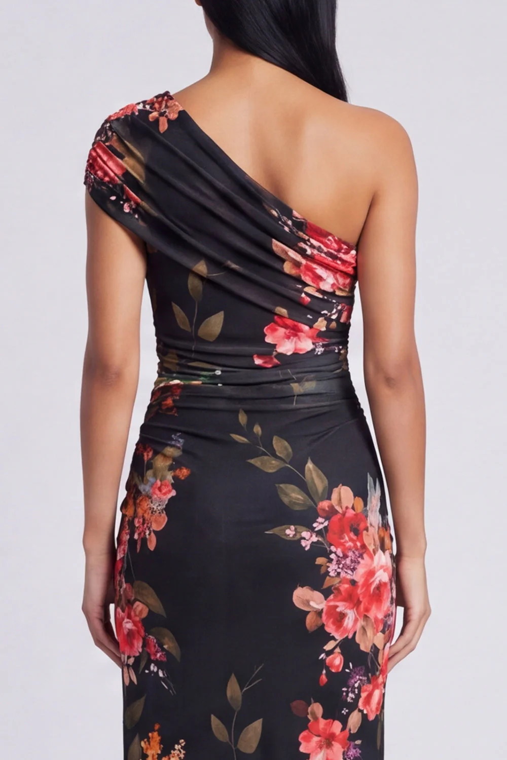 Ivory One Shoulder Sheath Maxi Floral Dress with Slit - Image 10