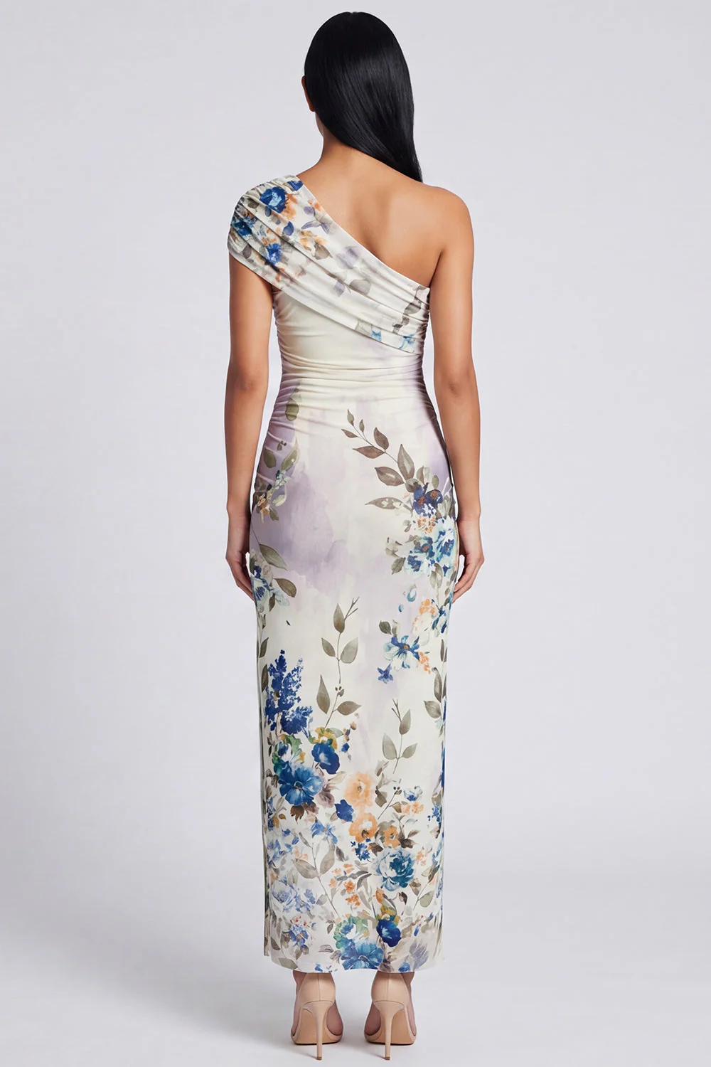Ivory One Shoulder Sheath Maxi Floral Dress with Slit - Image 2