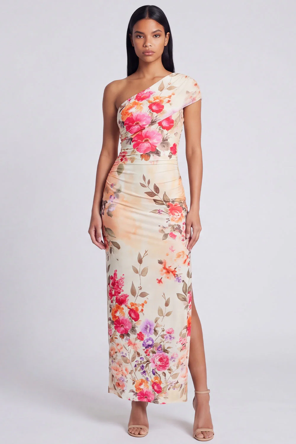 Ivory One Shoulder Sheath Maxi Floral Dress with Slit - Image 4