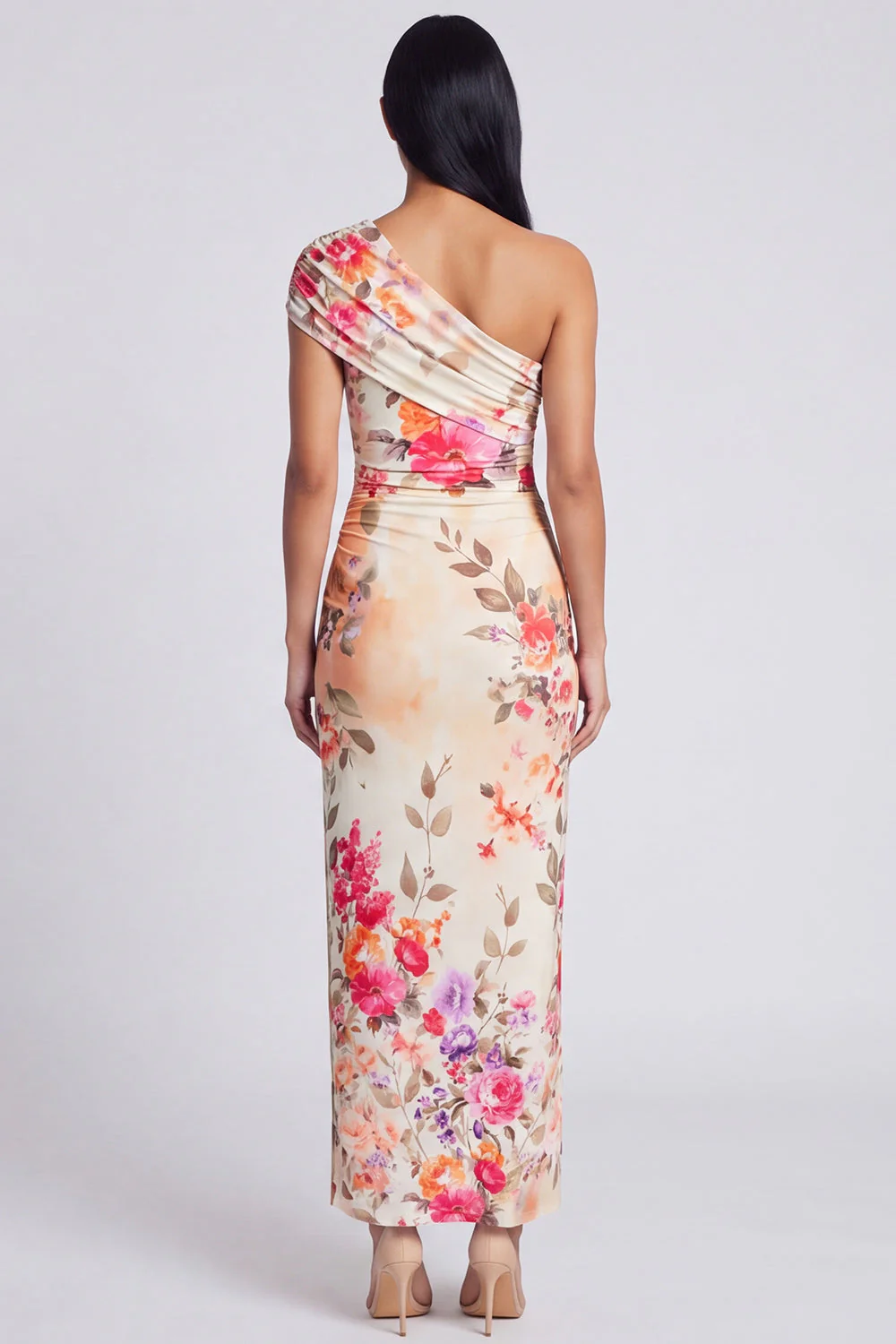 Ivory One Shoulder Sheath Maxi Floral Dress with Slit - Image 5